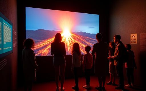 Visitantes en una exhibición interactiva sobre volcanes